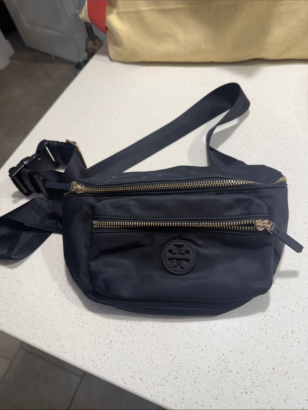 Tory Burch Black Nylon Belt Bag with Gold Zippers